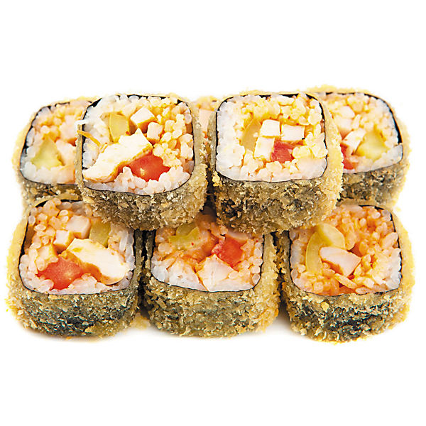 Цезарь(8шт/250гр)229руб (рис,нори,болгарский перец, сыр моцарелла,куриное филе,острый соус,кляр,сухари)