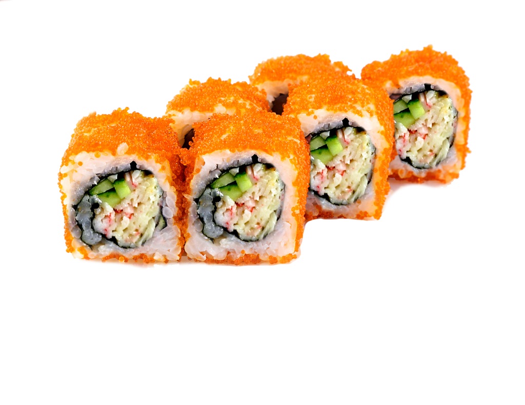 Калифорния с крабом (8шт/220гр)209руб (рис,нори,майонез,снежный краб,огурец,авокадо,тобико)
