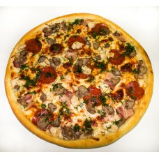 Мясное ассорти 32см(630гр)339руб-40см (870гр)429руб (Пицца соус ,сыр моцарелла,салями,бекон, свинина,говядина,куриное филе,помидоры,зелень)