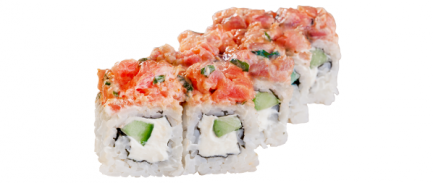 Острый с тунцом (8шт/220гр)209руб (рис ,нори,сливочный сыр,огурец,микс тунца с острым соусом)