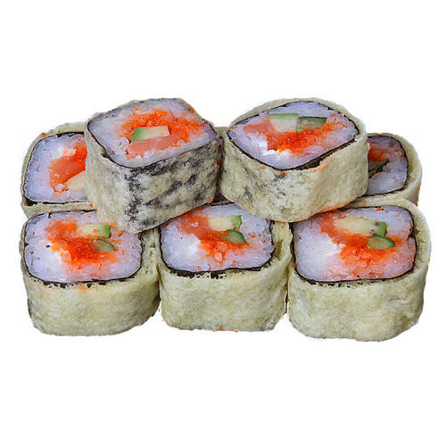 С Лососем (8шт/250гр) 229руб (рис, нори,лосось,сливочный сыр,тобико,огурец,кляр,сухари)