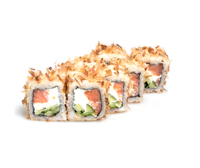 Бонито (8шт/220гр)209руб (рис,нори,сливочный сыр,копченый лосось,авокадо,зеленый лук,стружка тунца)