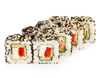 Цезарь (8шт/220гр)209руб (рис, нори,острый соус, куриное филе,лист салата,огурец, помидор,кунжут)