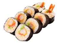 Динамит (8шт/230гр)209руб (рис,нори,острый соус,огурец,лист салата,креветка в кляре)