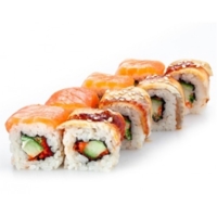 Домино (8шт/220гр)209руб (рис,нори,копченый лосось,копченый угорь,огурец,тобико,майонез)