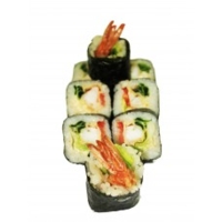 Ролл Фирменный(8шт/220гр) 209руб (рис,нори,креветка в кляре,лист салатапомидор,зеленый лук, острый соус)