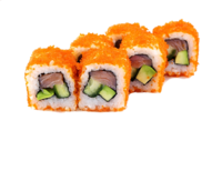 Калифорния с лососем (8шт/220гр)209руб (рис,нори,сливочный сыр,лосось,огурец, авокадо,тобико)