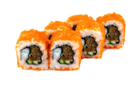 Калифорния с угрем (8шт/220гр)209руб (рис,нори,сливочный сыр,угорь , огурец,авокадо,тобико)
