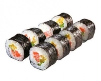 Планета (8шт/220гр) 209руб (рис,нори,майонез,тобика, лосось,помидор,огурец,лист салата)