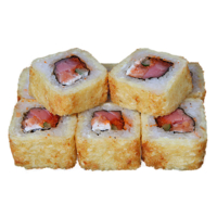 С тунцом и лососем (8шт/250гр) 229руб (рис, нори,сливочный сыр,лосось,тунец,тобико, огурец,кляр,сухари)